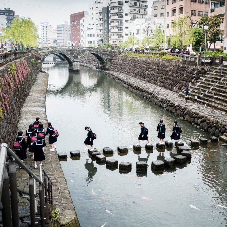Nagasaki school girls near Spectacle Bridge